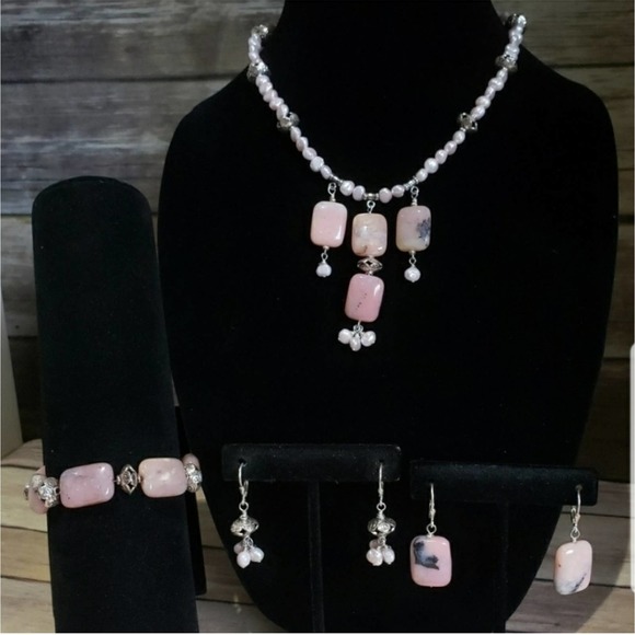 Rhodonite & Pearl Sterling Silver 4pc set Signed Bracelet Necklace Earrings - Picture 1 of 8